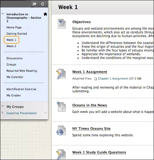 La page du cours s'ouvre avec une option de menu intitulée. L'option Semaine 1 est mise en évidence dans le panneau latéral du cours.