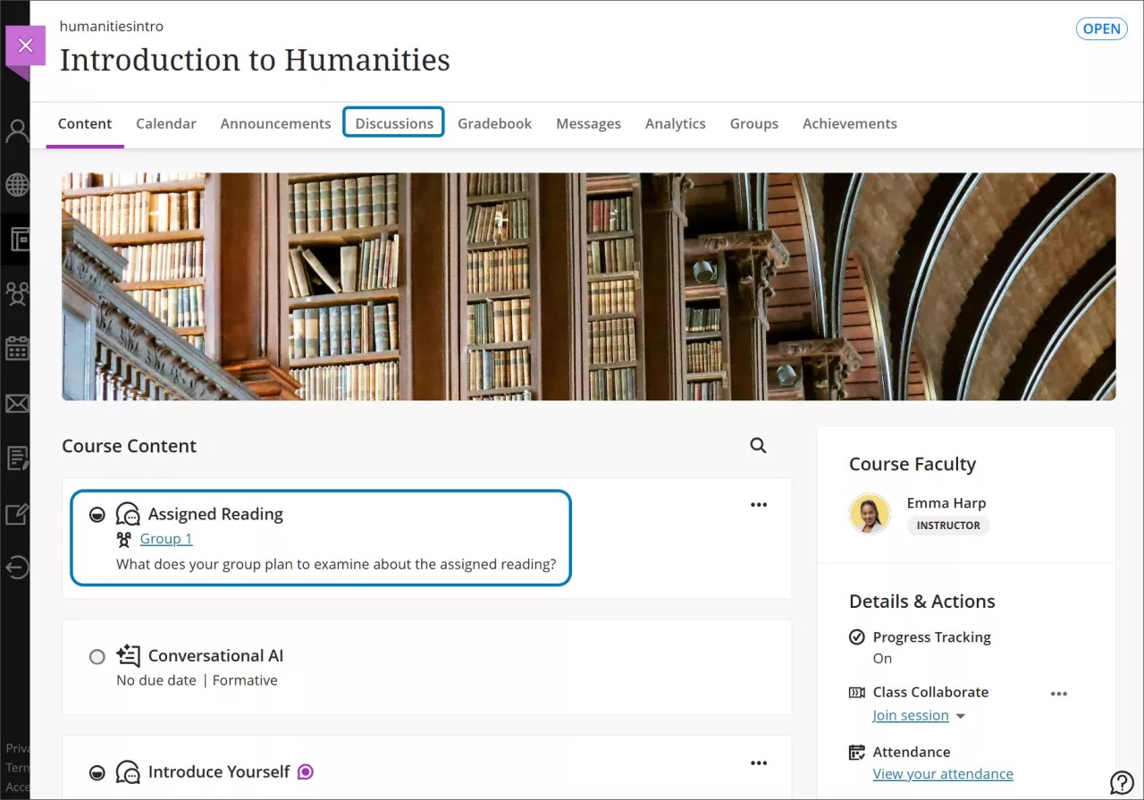 Page de contenu du cours avec des cases mettant en évidence l'onglet Discussions dans la barre de navigation et l'élément Discussion de groupe répertorié dans la zone du cours.