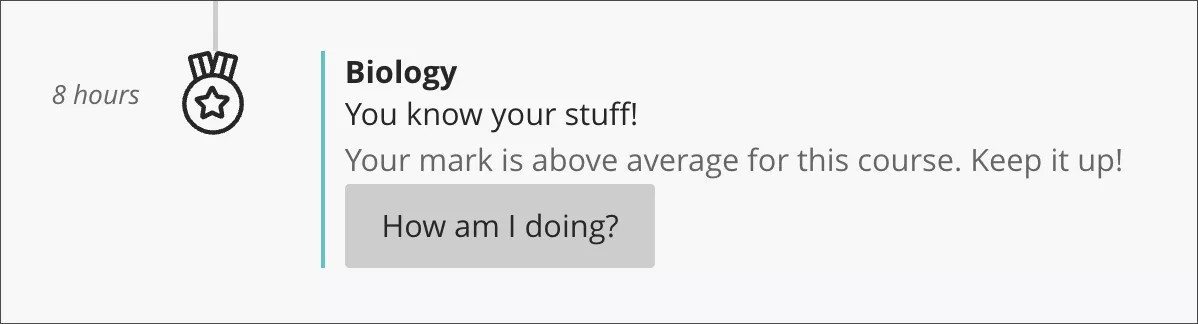 Image d'une notification de flux d'activités encourageant l'étudiant à poursuivre ses performances en classe