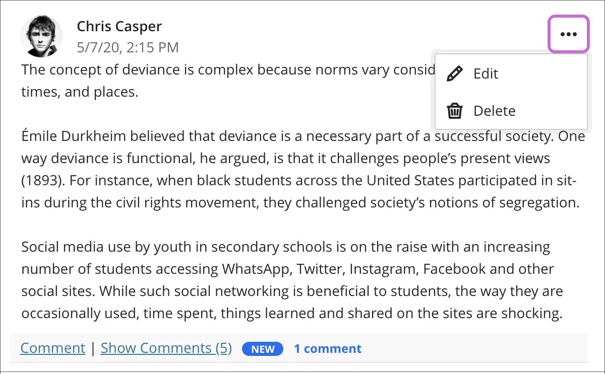 Le menu d'une entrée de journal a été étendu pour afficher les options Modifier et Supprimer