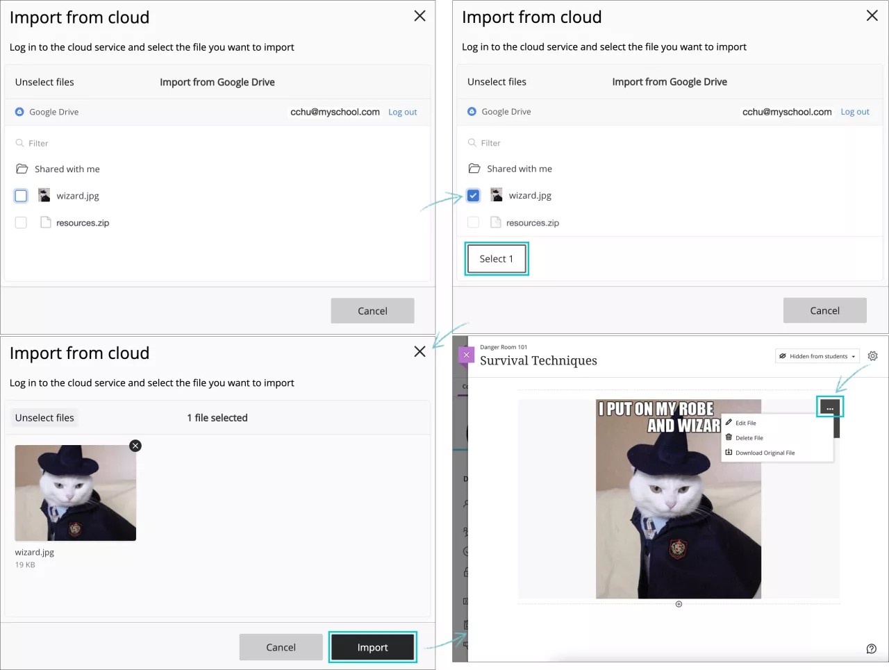 Blackboard では、クラウドストレージからインポートしたファイルを使用して新しいアイテムを作成する手順が表示されます