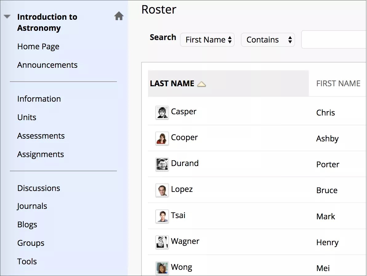 Roosterpagina met een lijst van studenten op het rooster.