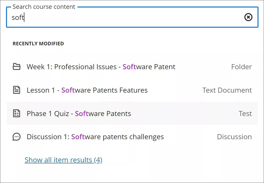 A barra de pesquisa do conteúdo do curso exibindo itens de lista que correspondem às letras digitadas na barra de pesquisa