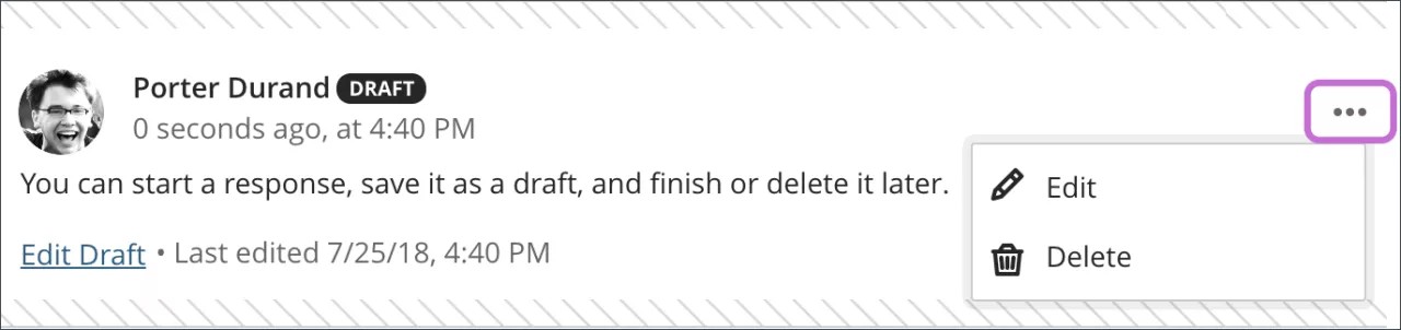 Um rascunho de resposta com o menu em destaque, mostrando as opções Editar e Excluir