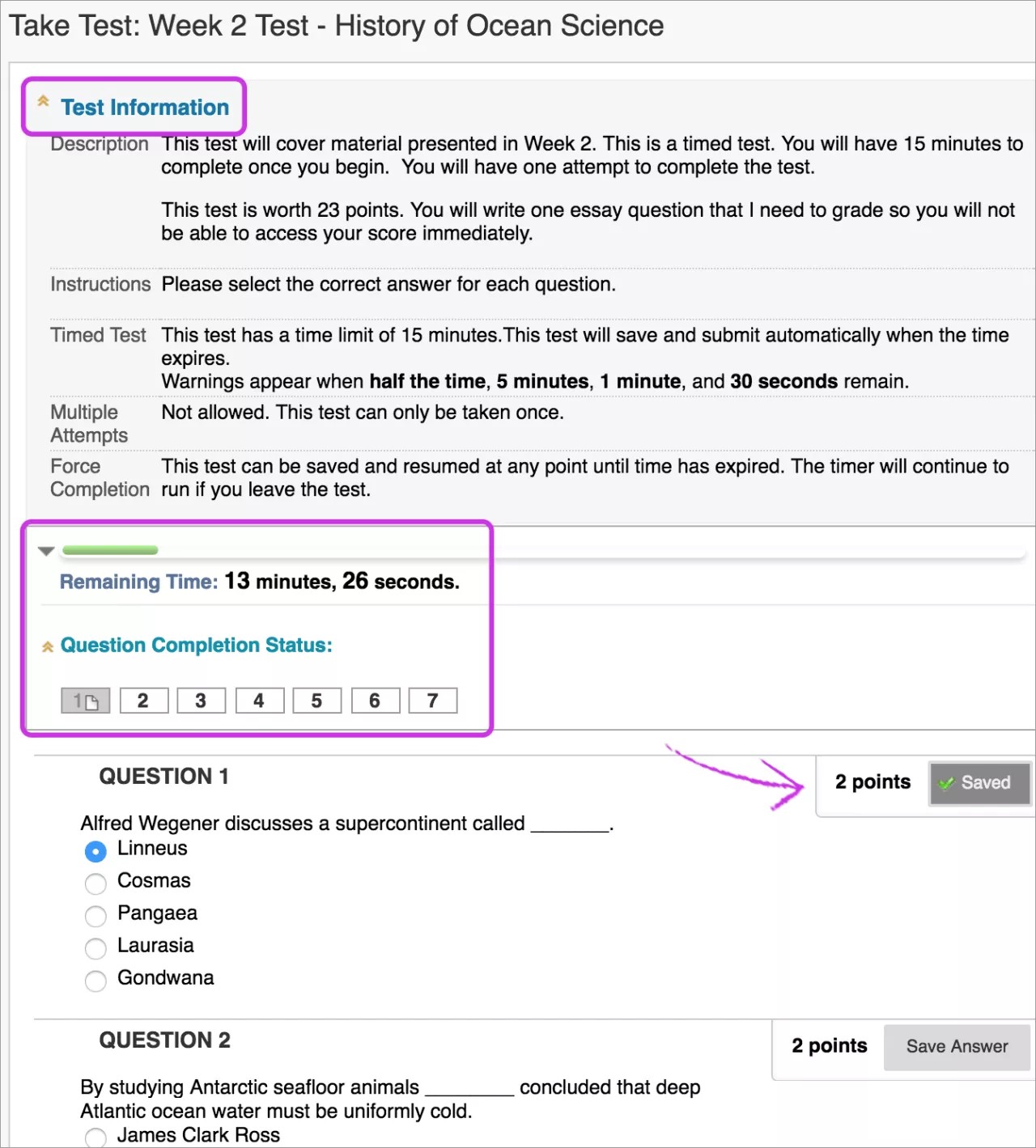 Item de conteúdo na página conteúdo programático do curso com uma seta apontando para um teste com perguntas abertas e tempo restante exibido.