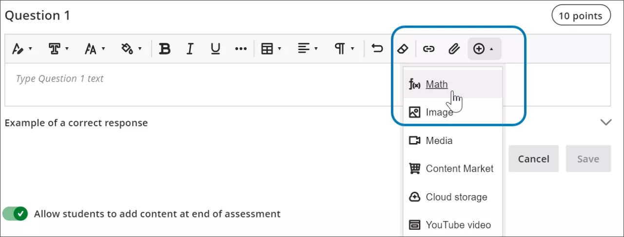 Imagem do Editor de rich text, com o menu + aberto e Math no menu suspenso