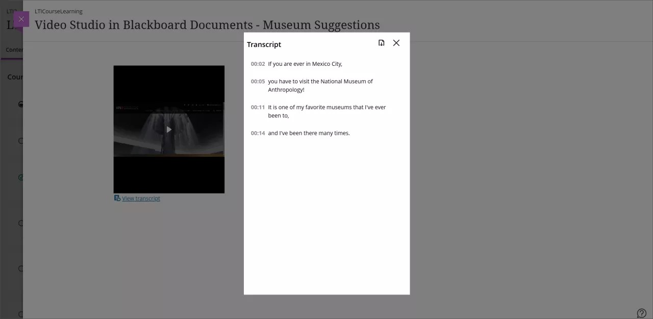 Gravação de estúdio de vídeo exibida em tamanho de um quarto. O botão Exibir transcrição foi selecionado, portanto, uma janela modal sobrepõe a página principal que contém a transcrição da gravação.