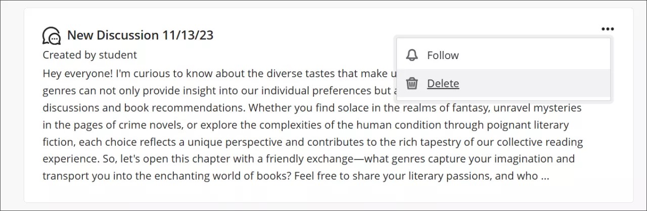 Tópico de discussão, com o menu aberto para excluir uma discussão