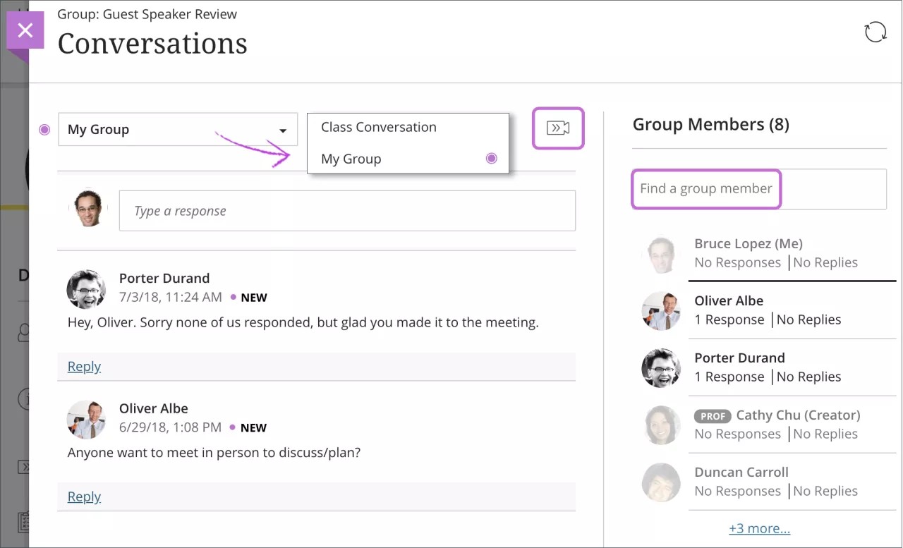 Painel de Conversas, mostrando Meu grupo com um ícone roxo ao lado, indicado com uma seta. Localizar membro do grupo é realçado no painel de Membros do grupo.