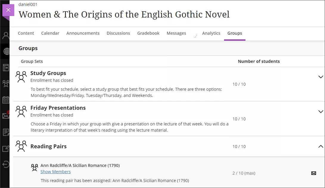 Página de Grupos, mostrando os grupos disponíveis