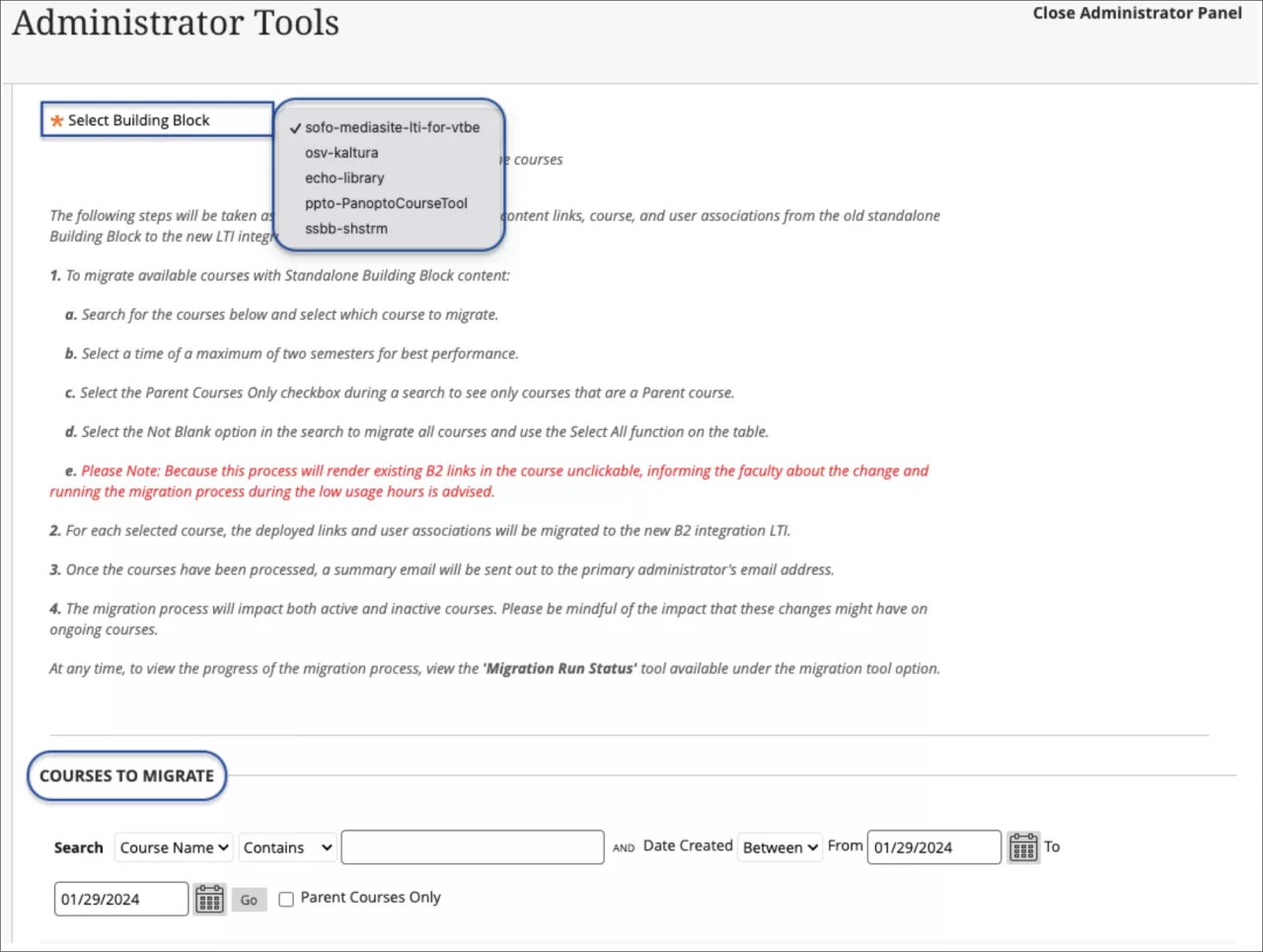 The administrator selects the ShareStream Building Block and chooses courses to migrate