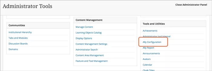 The Administrator Panel, showing Ally Configuration highlighted in orange