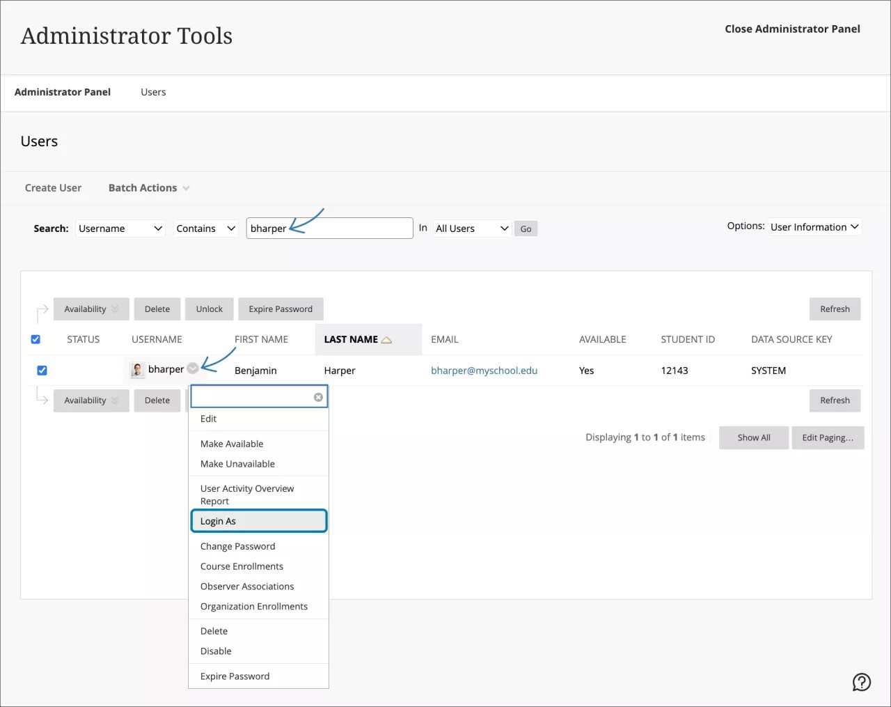 Accessing the Admin Panel, then the Users section, and looking for a specific user, you can open the drop down menu for that user and select Login As