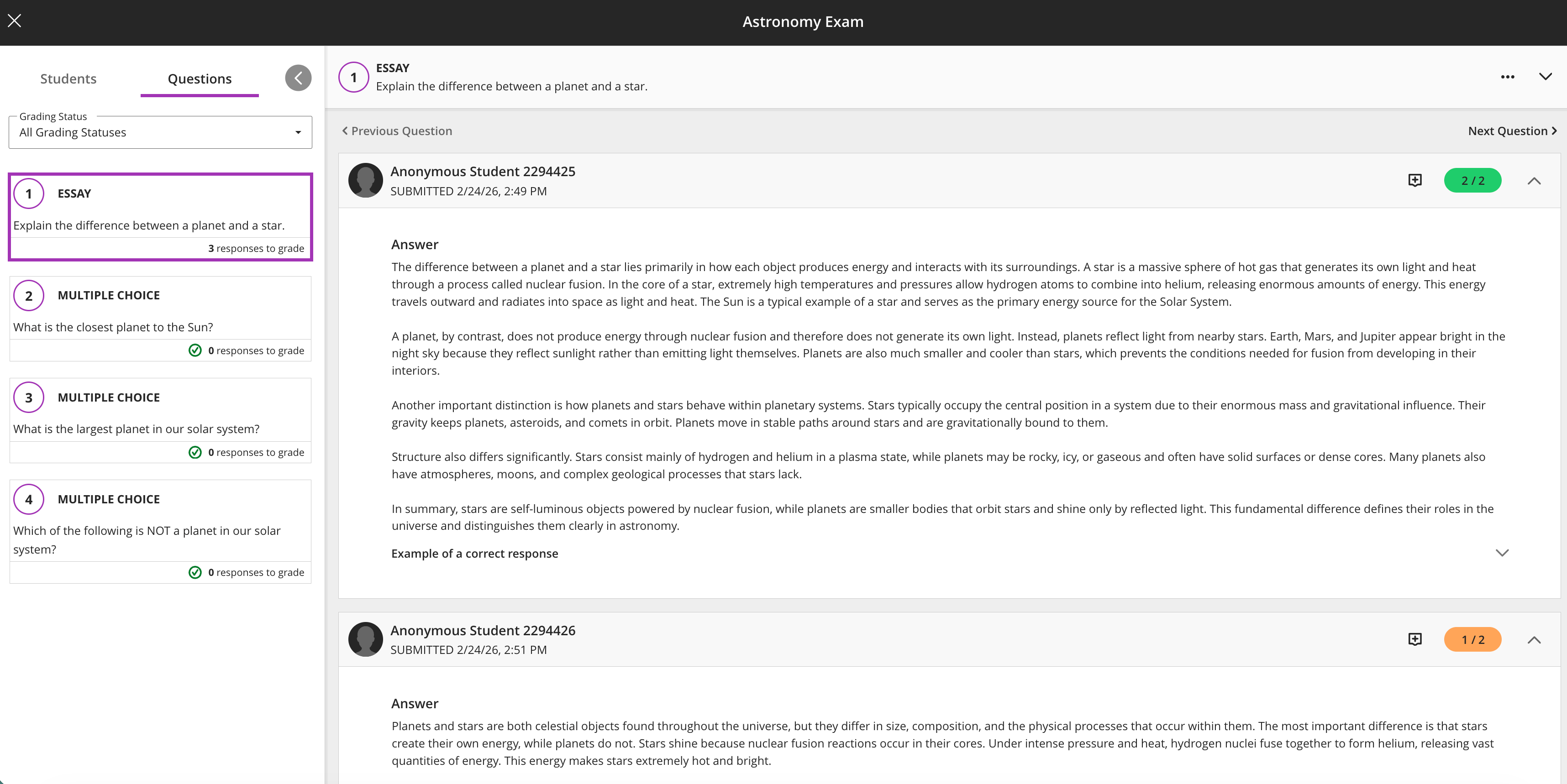 Grading view of a test in anonymous grading, where the questions are listed on the side in a panel. The main window shows all of the question responses per student with the students' avatars and names are anonymized.