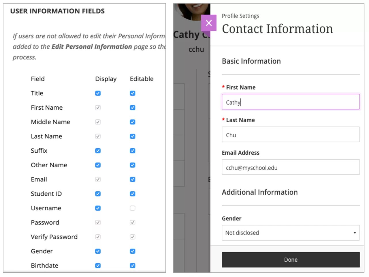The User Information options where the administrator can choose which fields appear in Profile Settings for Blackboard users.