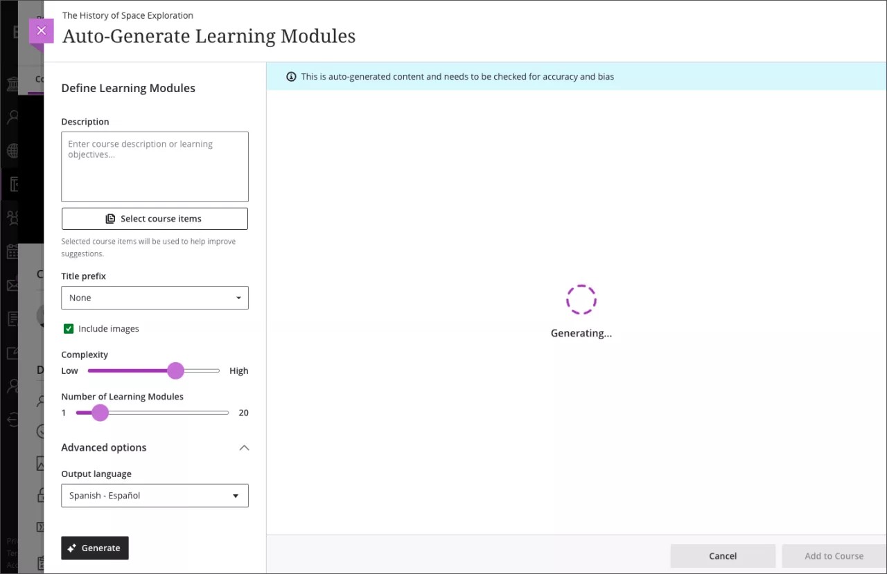 Auto-Generate Learning Modules panel, showing the Advanced Options section expanded at the bottom