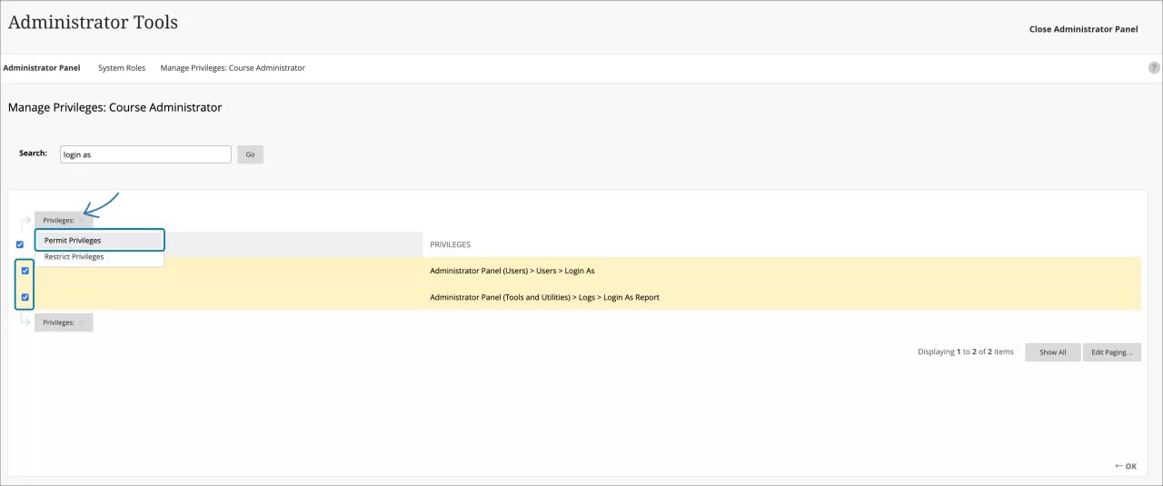 Select Permit Privileges in the Privileges dropdown