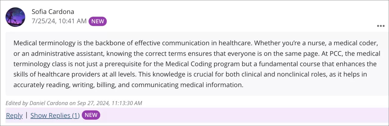 Discussion post with a purple pill "NEW" indicator alongside a post and a reply