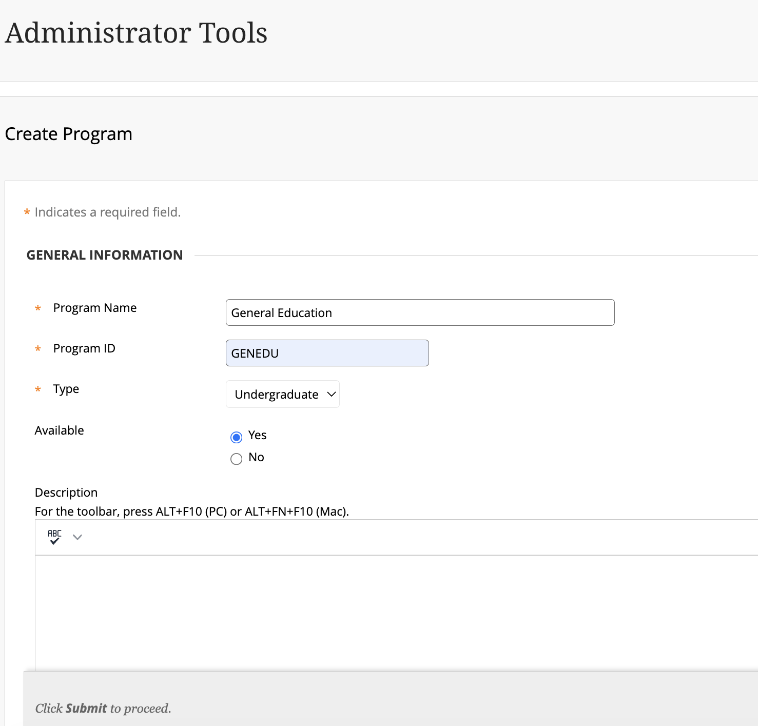 The Create Program form, with the fields such as Program Name, Program ID, Type, and Available.