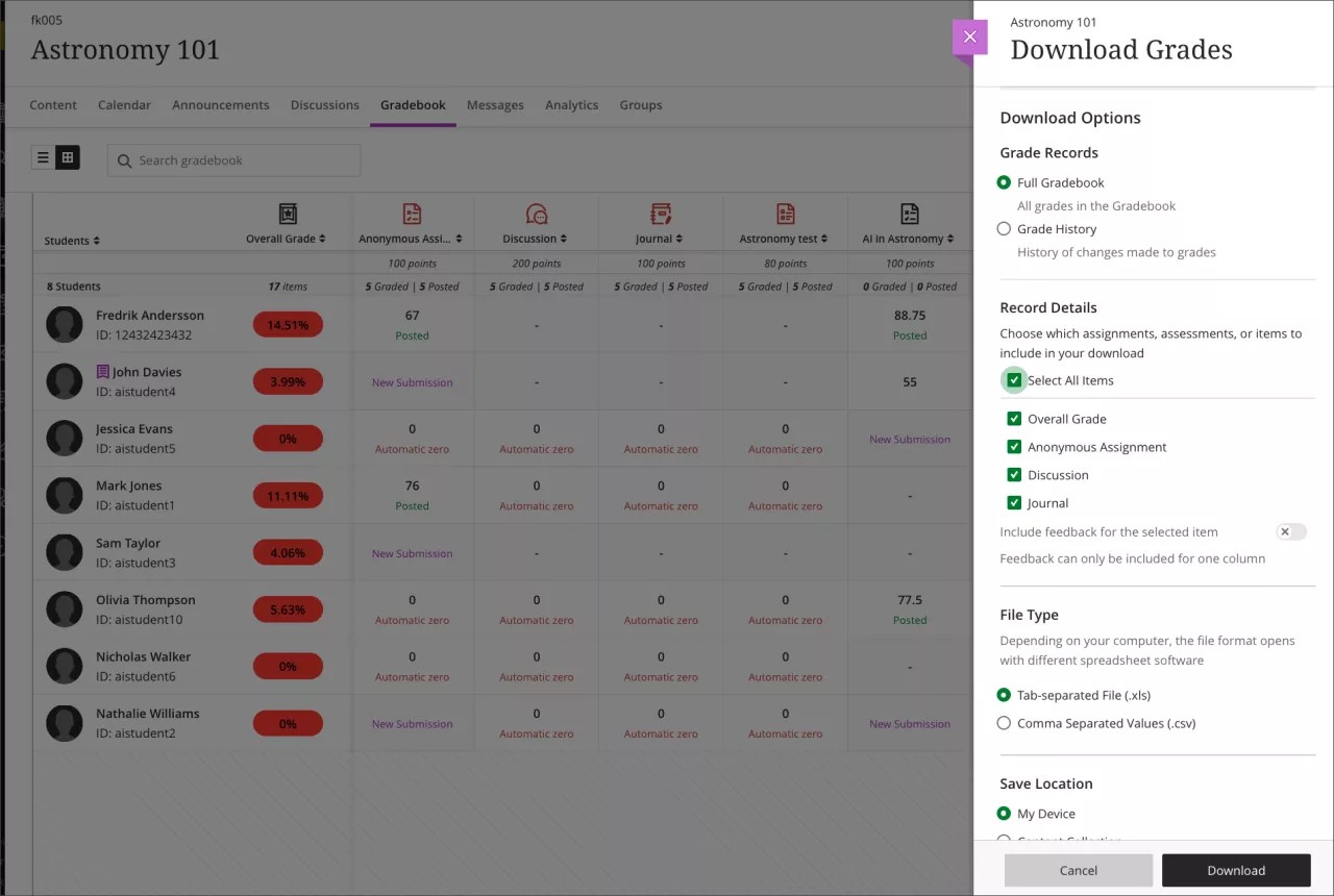 Instructor view of Download Grades panel with ‘Select All Items’ option selected