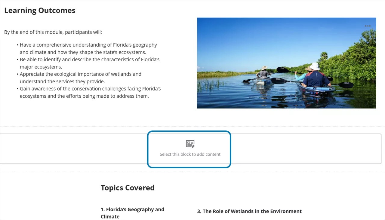 Document in edit mode, with "Select this block to add content" displaying in an empty block