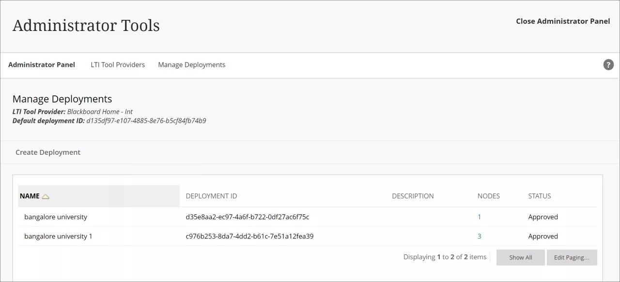 Page to manage Deployment IDs, showing Create Deployment button and columns for Name, Deployment ID, Description, Nodes, and Status for each deployment.