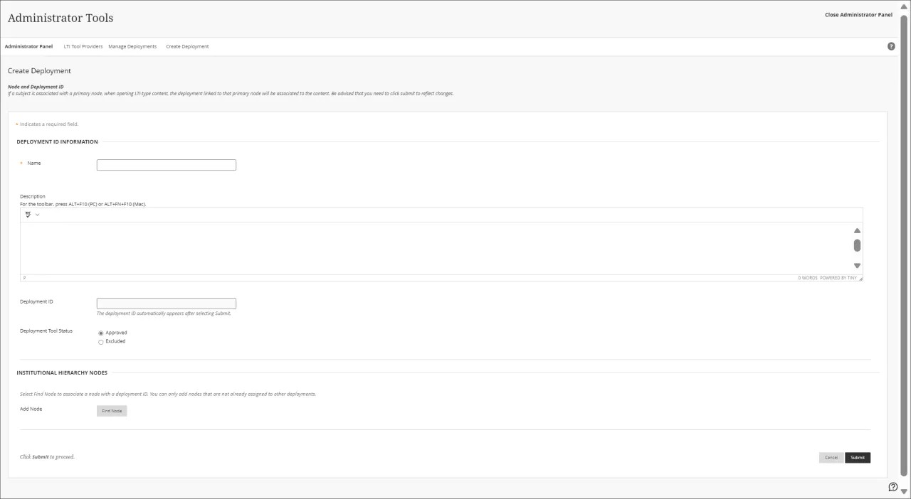Deployment ID info page in Administrator Tools page