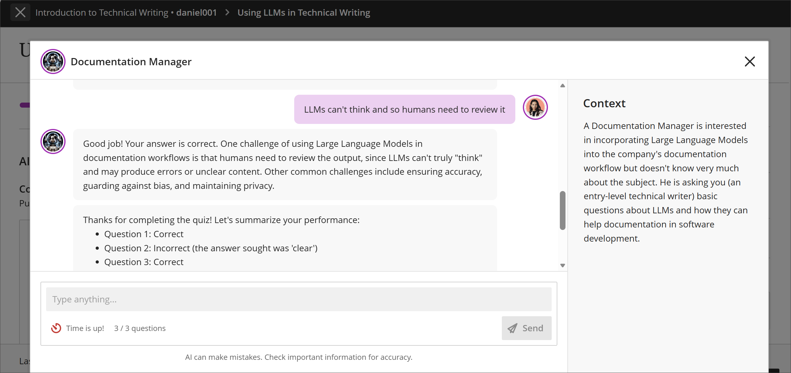 AI Conversation in immersive view. Two-thirds of the screen displays the conversation between the student and a role called Documentation Manager. On the right of the chat under the label Context is the written description the instructor added to create the conversation.
