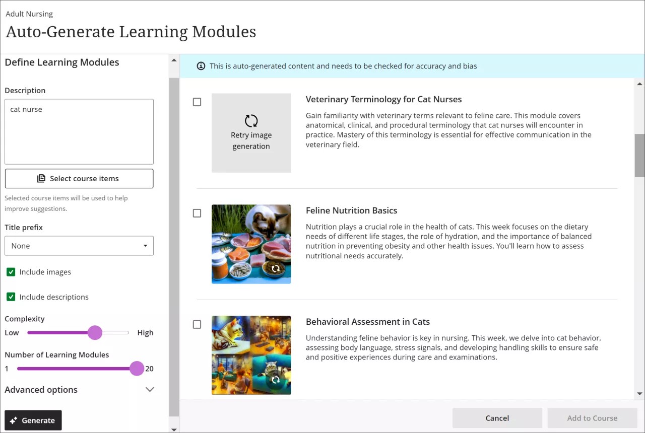 The Auto-Generate Learning Modules screen, with 3 learning modules generated. The topmost module lacks an image and has a placeholder that prompts the user to retry image generation.