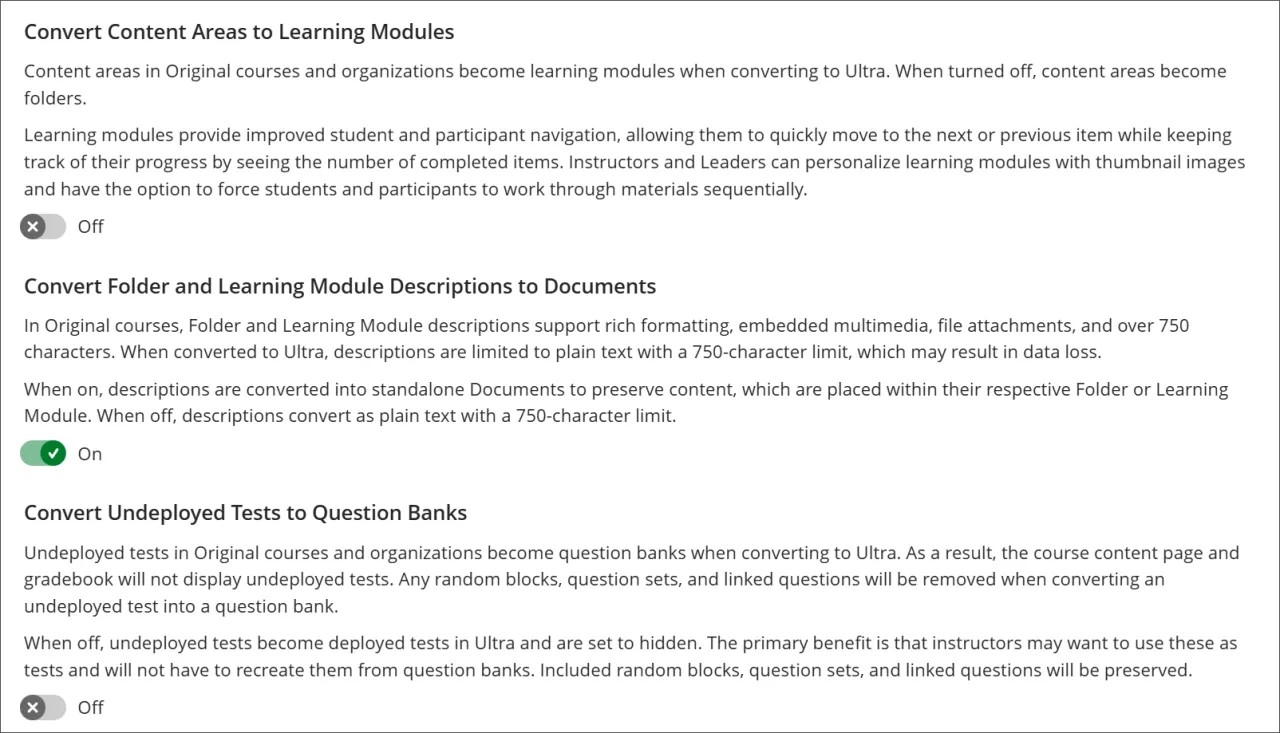 Ultra Experience Management page in the Admin panel, showing the different options for converting content.
