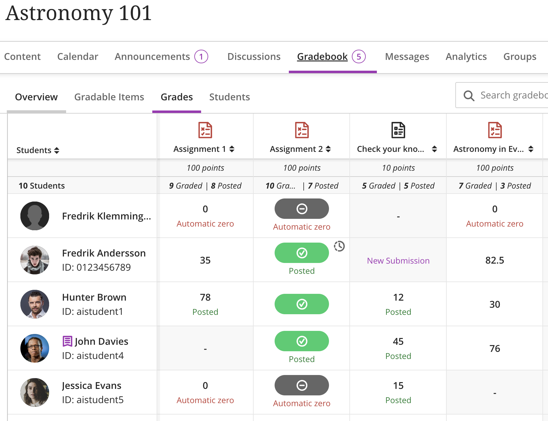 Grades view in the Gradebook with several students having grades for an assessment. For students who have not completed their assessment, their grade pill is gray.