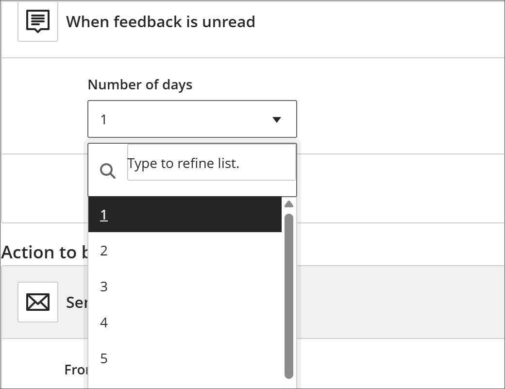 The automation trigger window for When feedback is read, showing an expanded Number of days dropdown menu. There is an option to type to refine list.