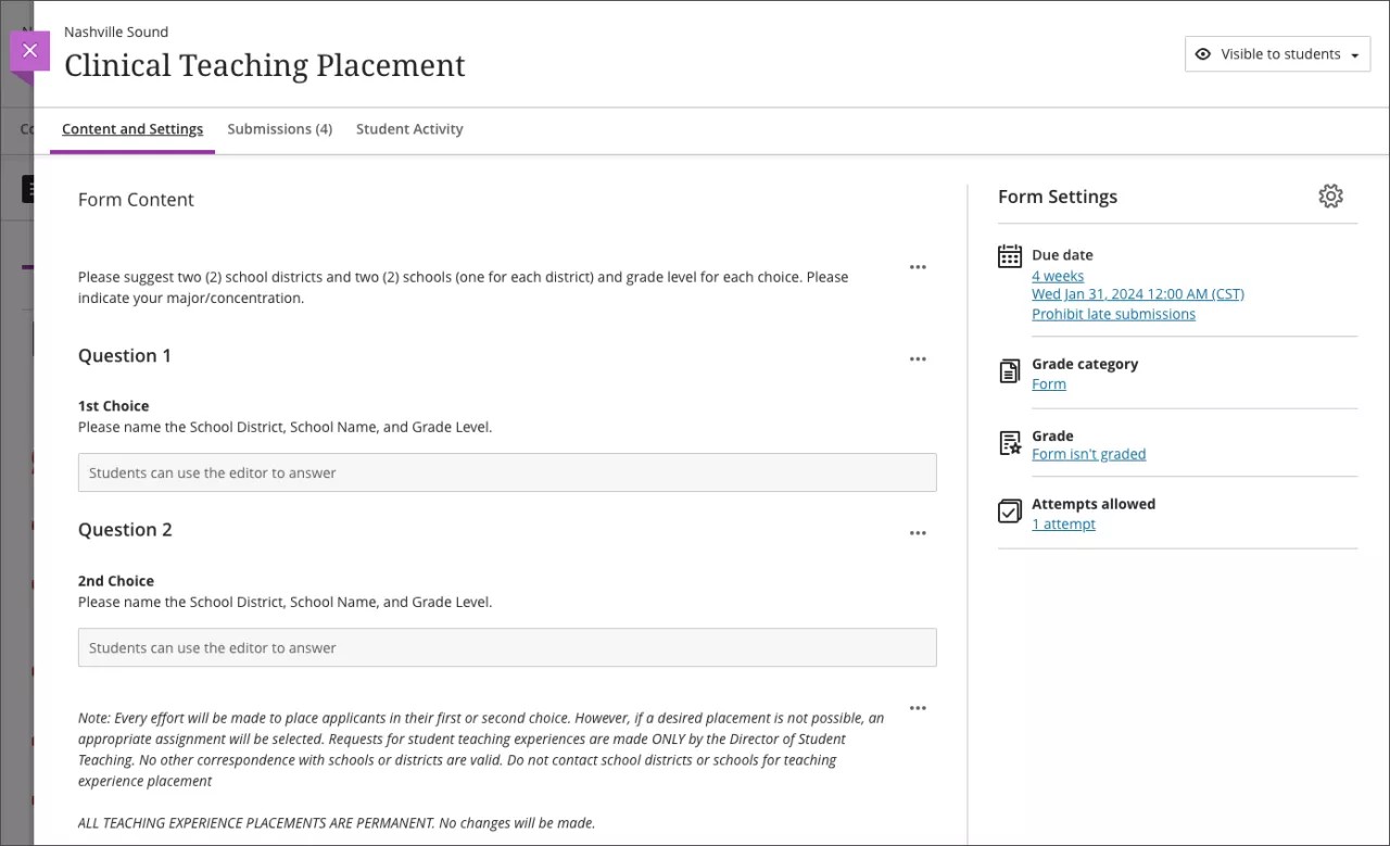 Example of ungraded Form used for clinical teaching placement