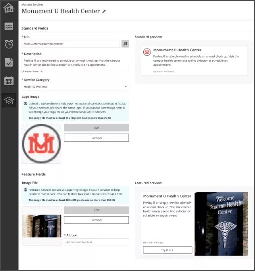 Featured services setup screen