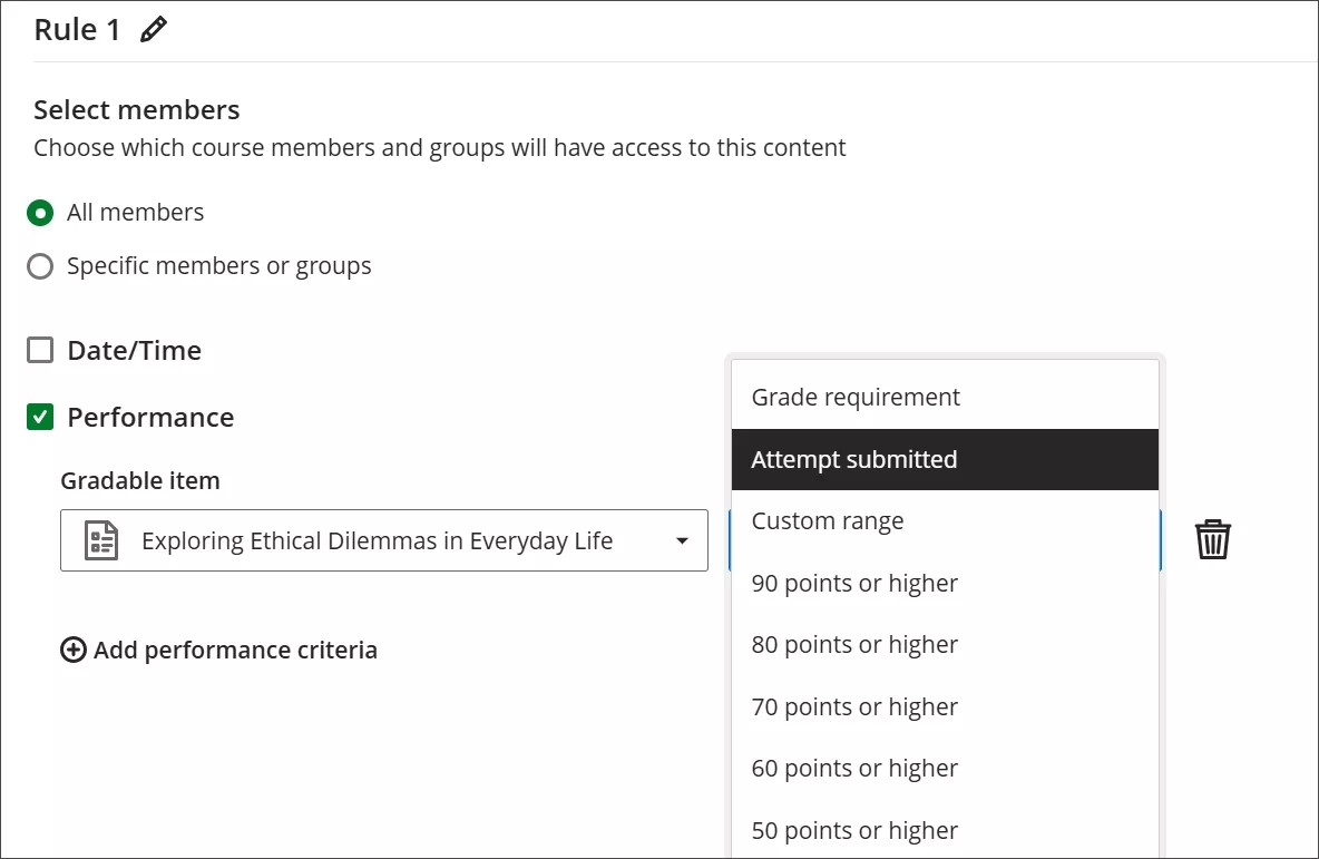 The page for setting a release condition. The release condition is set to apply to all members and Performance is checked. Attempt submitted is highlighted in the dropdown menu for a gradable item.
