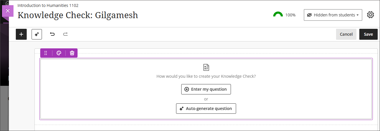 After adding a knowledge check to a document, you can select either "Enter my question" or "Auto-generate question."