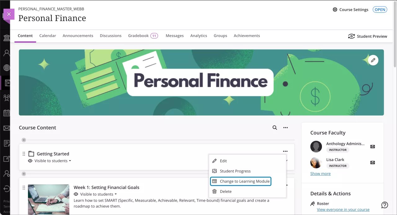 Course Content page, with the More options menu open and Change to Learning Module highlighted beside a folder