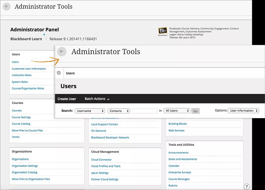 The Administrator Panel is in the background, with an arrow pointing from the users link to the Users page in the foreground. The Users page shows the Create User button, the Batch Actions drop down, and the Search options.