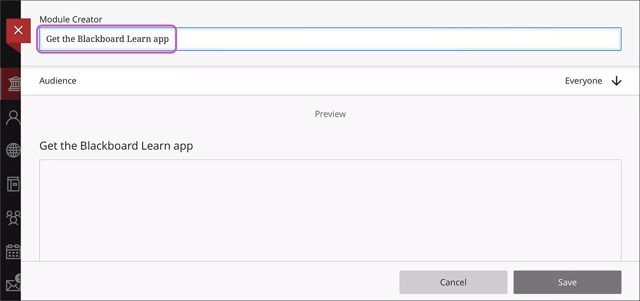 The "Module Creator" panel is opened with the following title added: "Get the Blackboard Learn app".