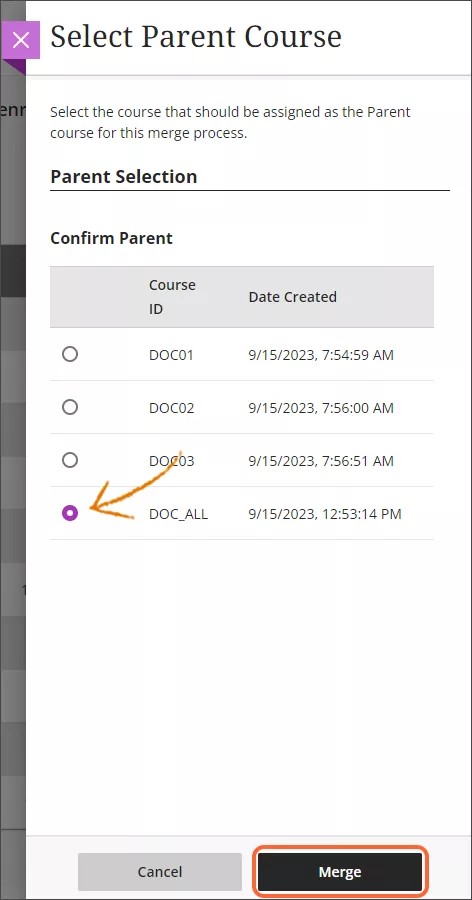 A list of possible parent courses is shown with a radio button next to each. The course DOC_ALL is selected. There are Cancel and Merge buttons at the bottom, and the Merge button is highlighted in orange.