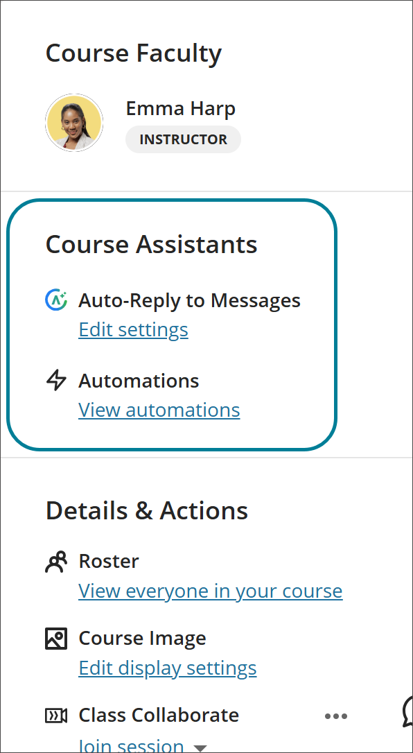 The panel on the Course Content page that shows the Course Assistants section. The Course Assistants section is highlighted with a box. In the Course Assistants section are Auto-Reply to Messages, with an Edit settings link, and Automations, with a View automations link.