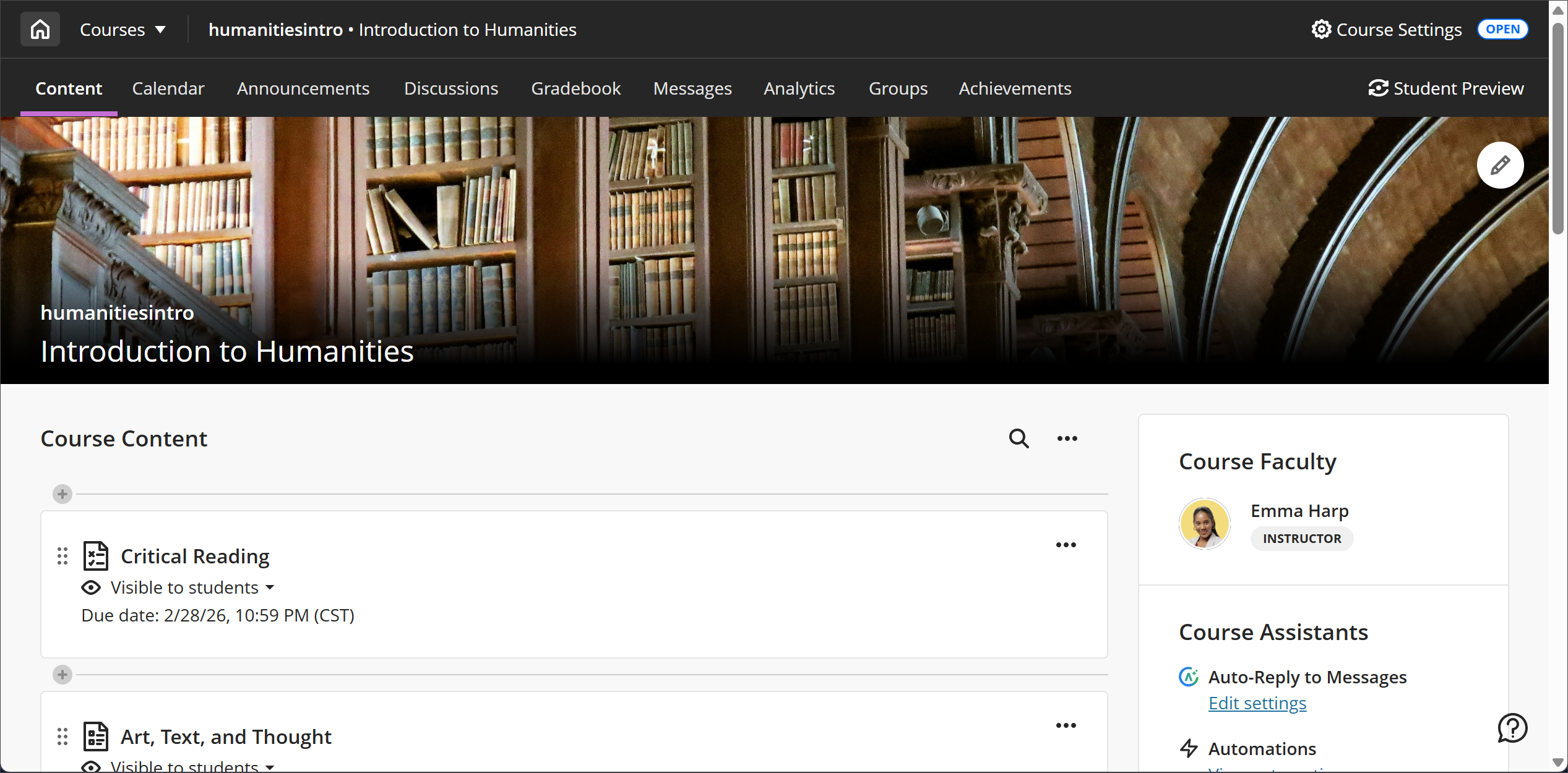 Course Content page in the Ultra course view