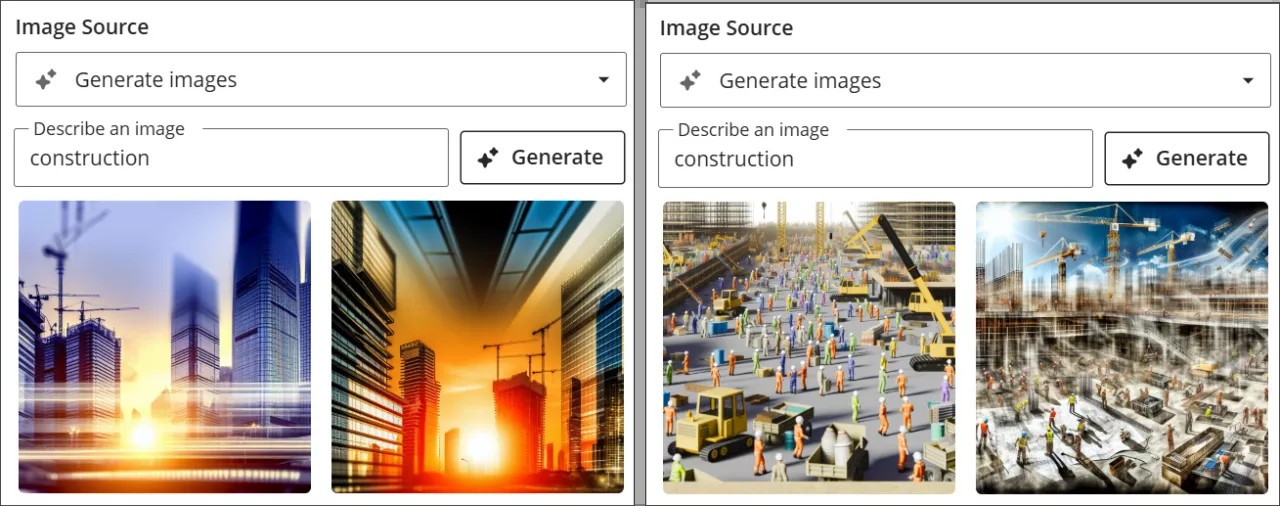 Two versions of the Generate images popup are shown together. On the left is from the 3900.106 version and on the right is the 3900.108 version.