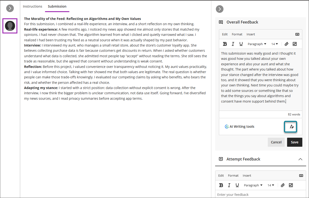 A student’s journal submission open in flexible grading, with the submission text in the center and the Overall Feedback section on the right. Feedback is entered in the Overall Feedback editor. Below the editor, AI Writing tools appears with the Rewrite icon, which is highlighted with a box.