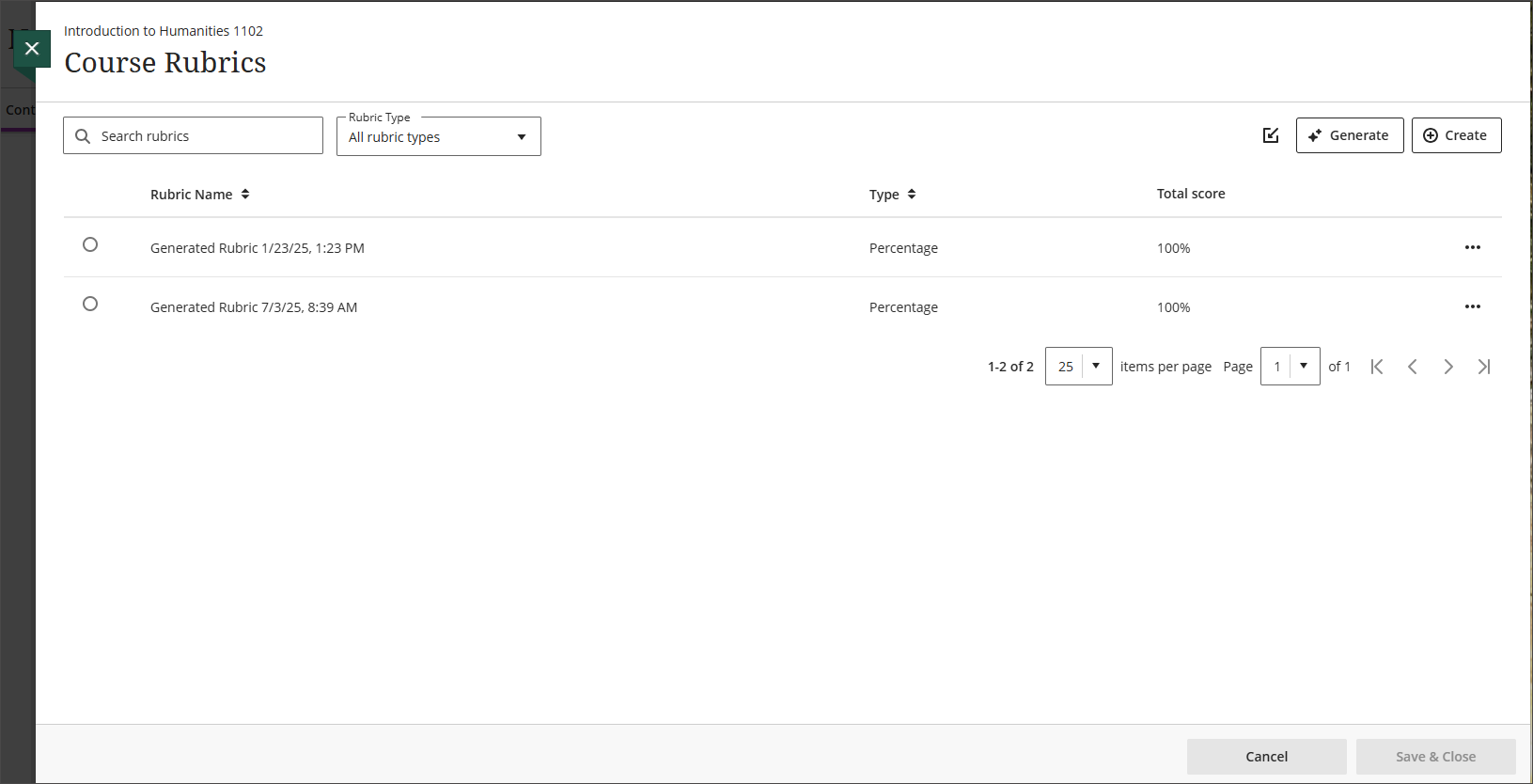 The full Course Rubrics page, where the instructor can access, edit, delete, or export existing rubrics as well as create, generate, import rubrics.