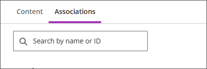 The Associations tab in the Learning Object Repository, showing a search field with a magnifying glass and the text "Search by name or ID"