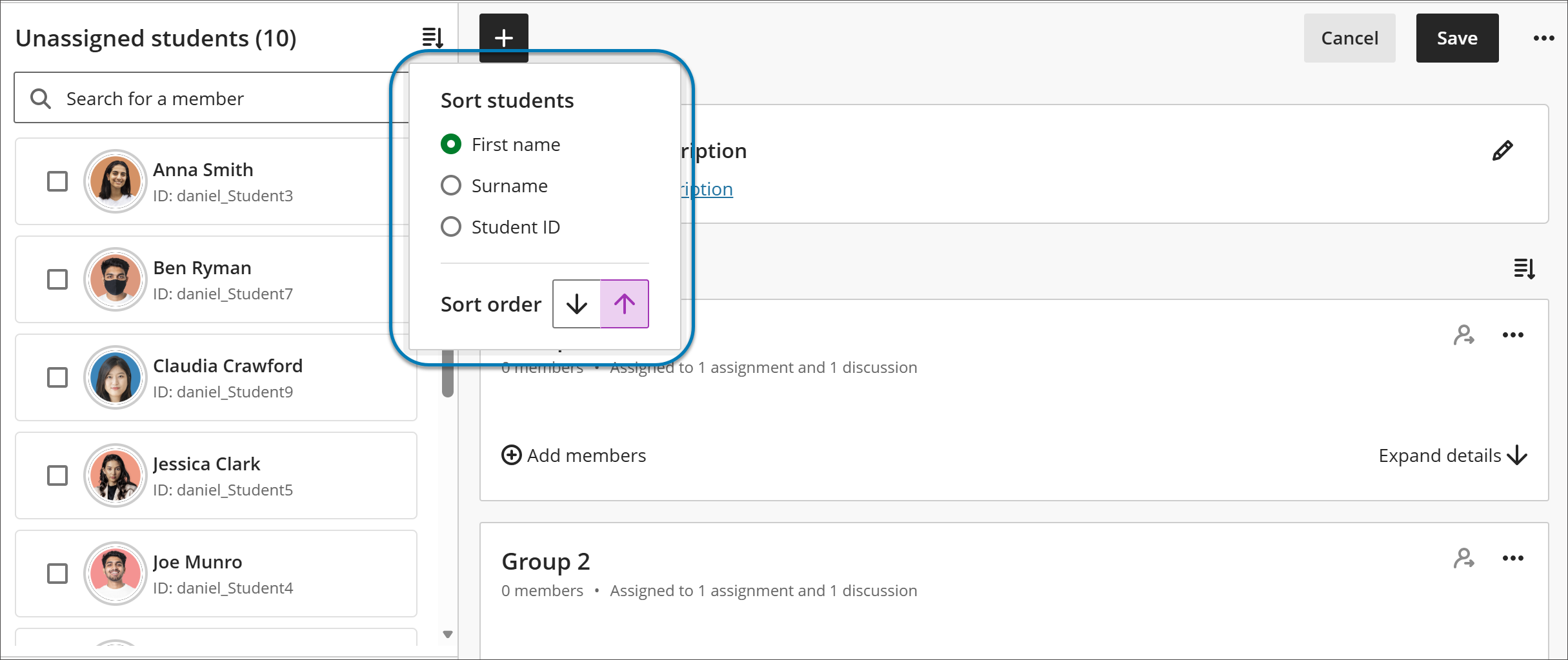 Groups set page listing students not yet assigned to group. The option to sort students has been opened, and it displays options to Sort students by first name, surname, or Student ID. A blue box highlights the sort options menu to highlight it in the screenshot.
