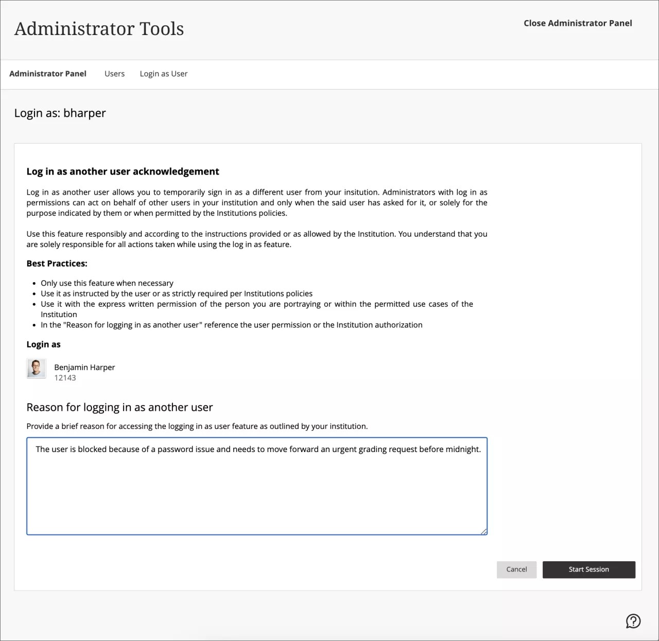 End user acknowledgement and Session Start