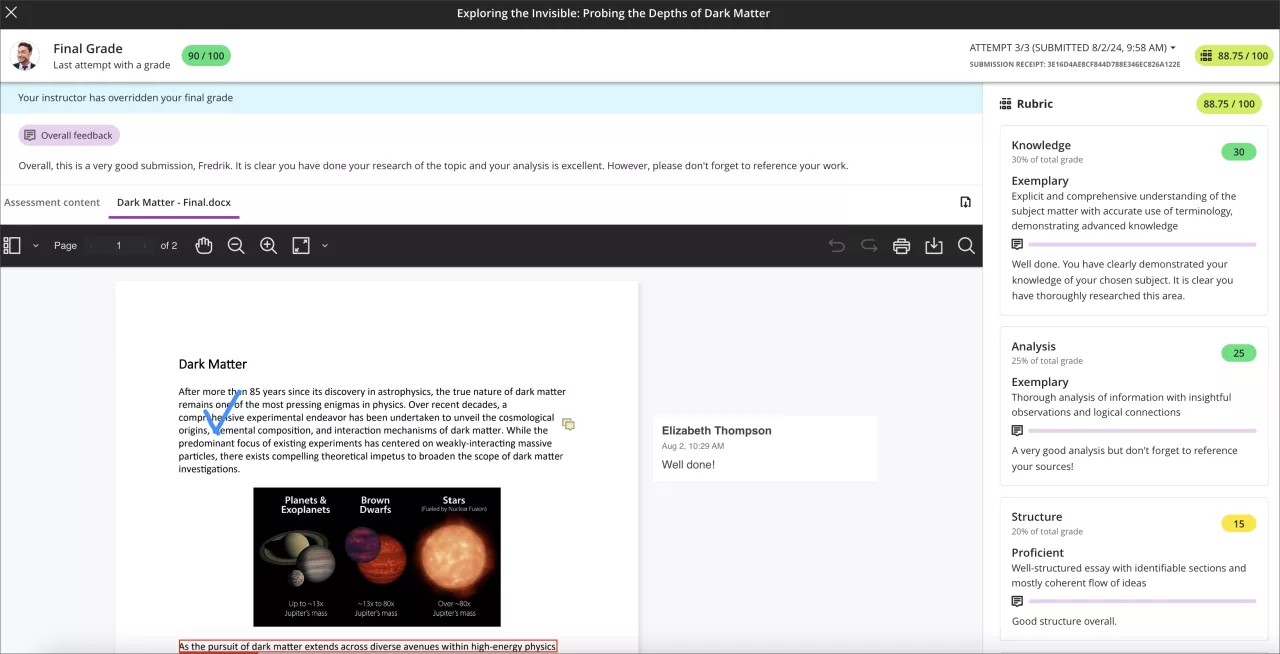 Assignment submission review page, displaying a grade override