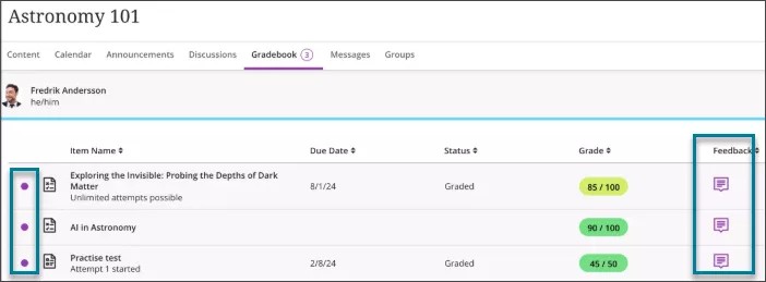 Previous view of student Gradebook with Feedback column